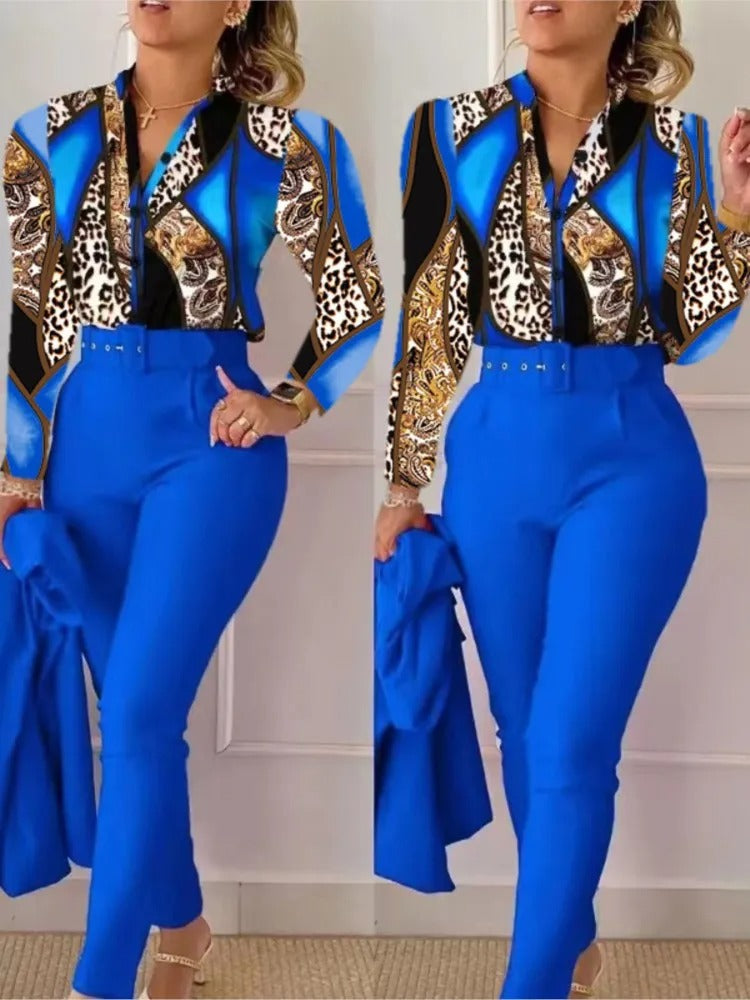 Edith - Completo da donna con top a maniche lunghe e pantaloni con scollo a V
