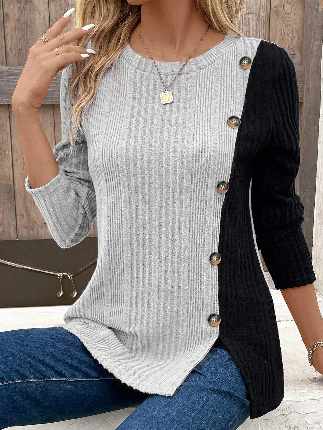 Donna - Camicia a coste con bottoni decorati colorblock