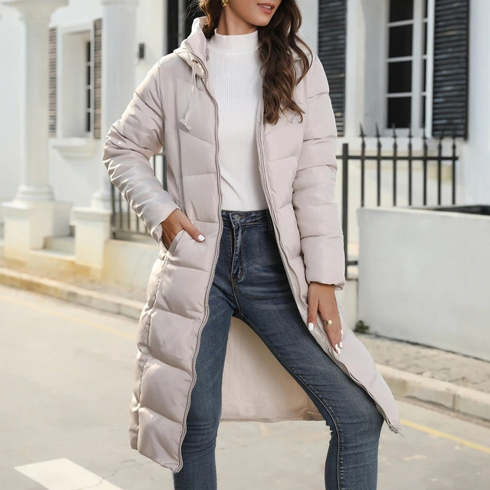 Quinnette - Giacca lunga con cappuccio, trapuntata e calda in stile casual