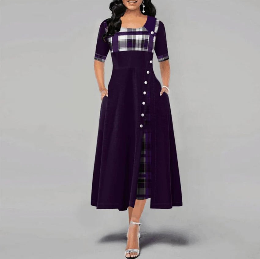 Louise - Abito patchwork a quadri con mezze maniche e patta con bottoni