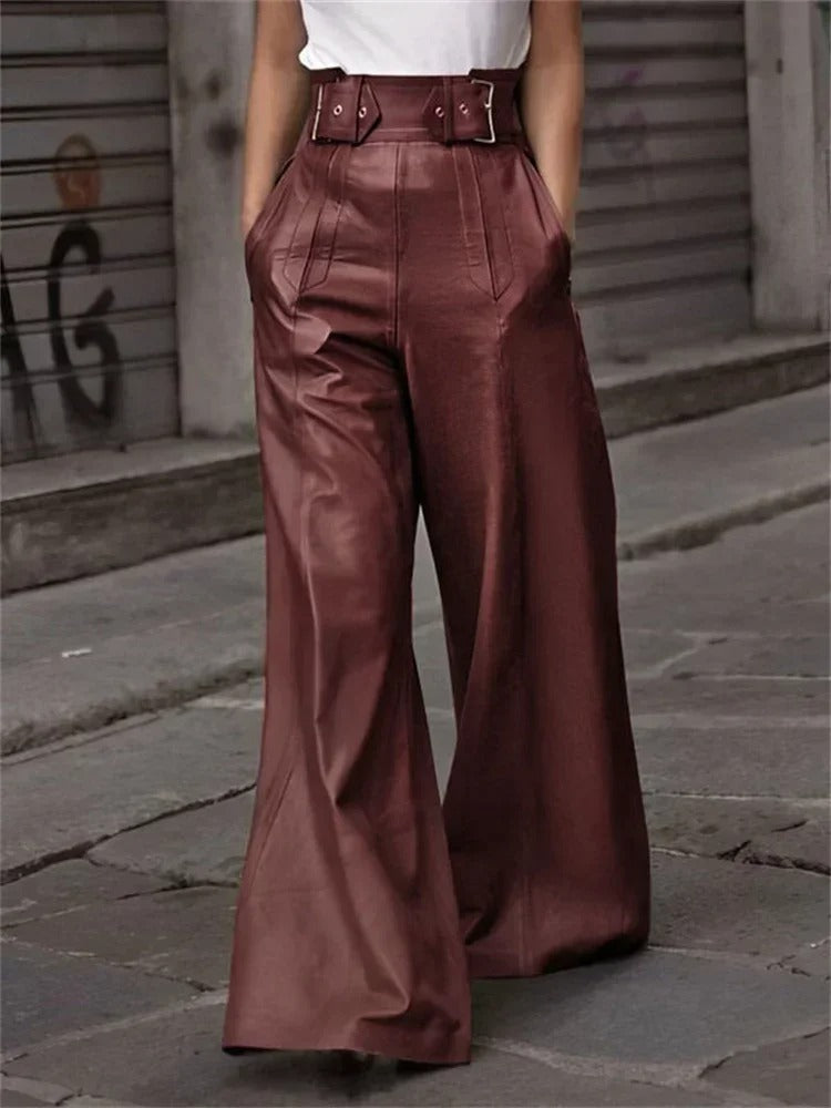 Eleanor - Pantaloni a gamba larga a vita alta in similpelle
