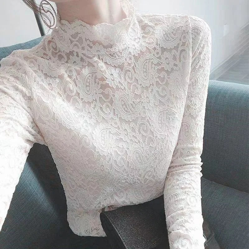 Eliza - Top in pizzo a maniche lunghe e collo alto