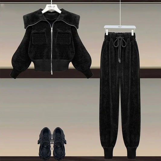 Alice - Pantaloni casual a vita alta con collo alto in velluto a coste, set da due pezzi