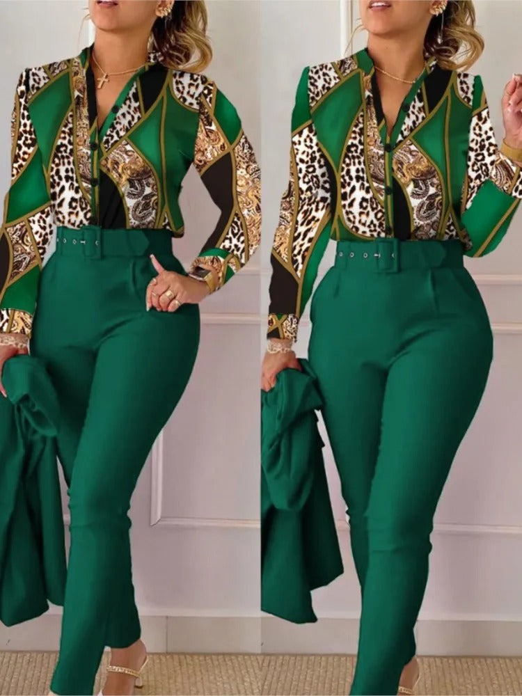 Edith - Completo da donna con top a maniche lunghe e pantaloni con scollo a V