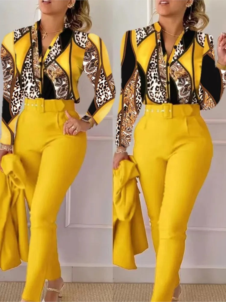 Edith - Completo da donna con top a maniche lunghe e pantaloni con scollo a V