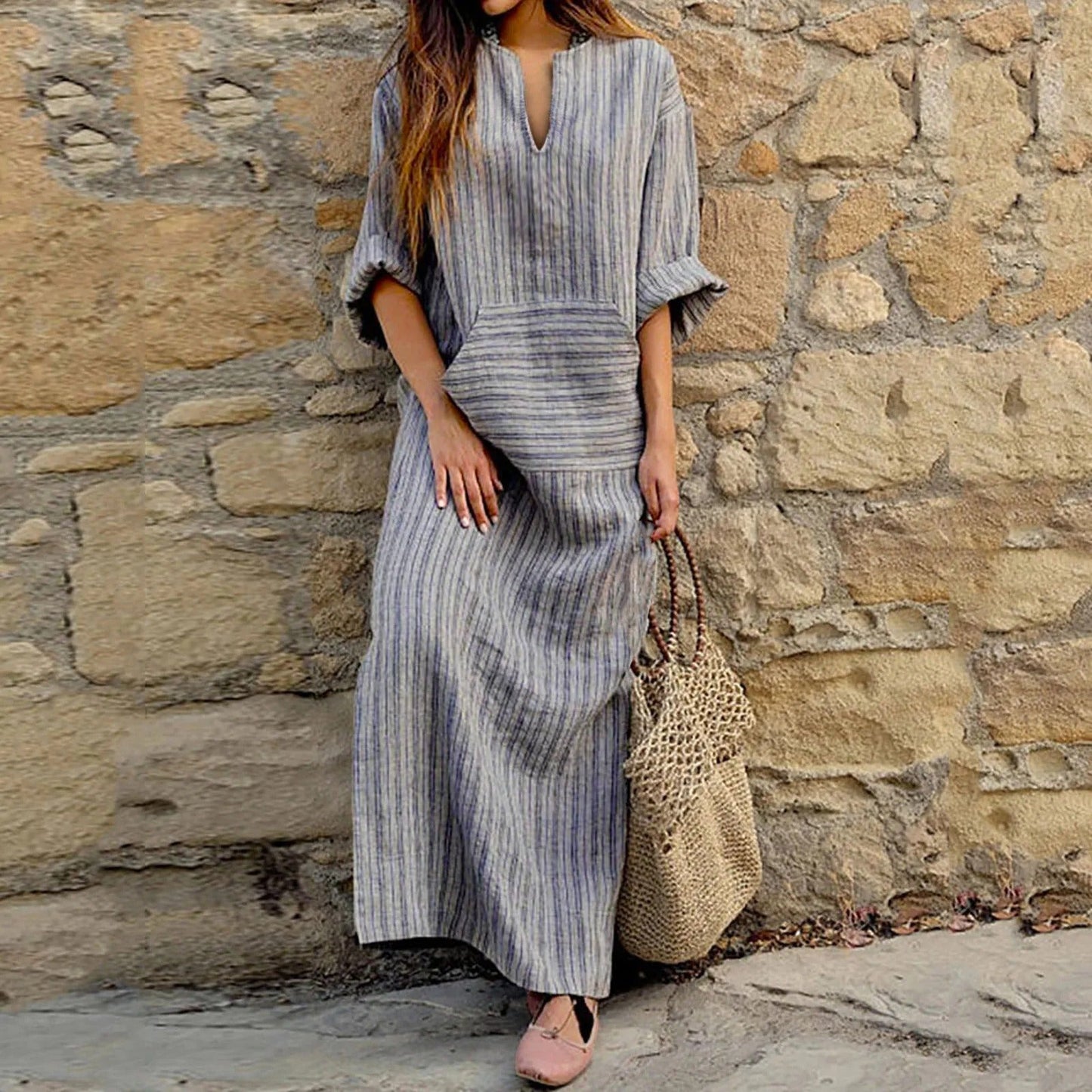 Alma - Abito lungo casual a righe con scollo a V