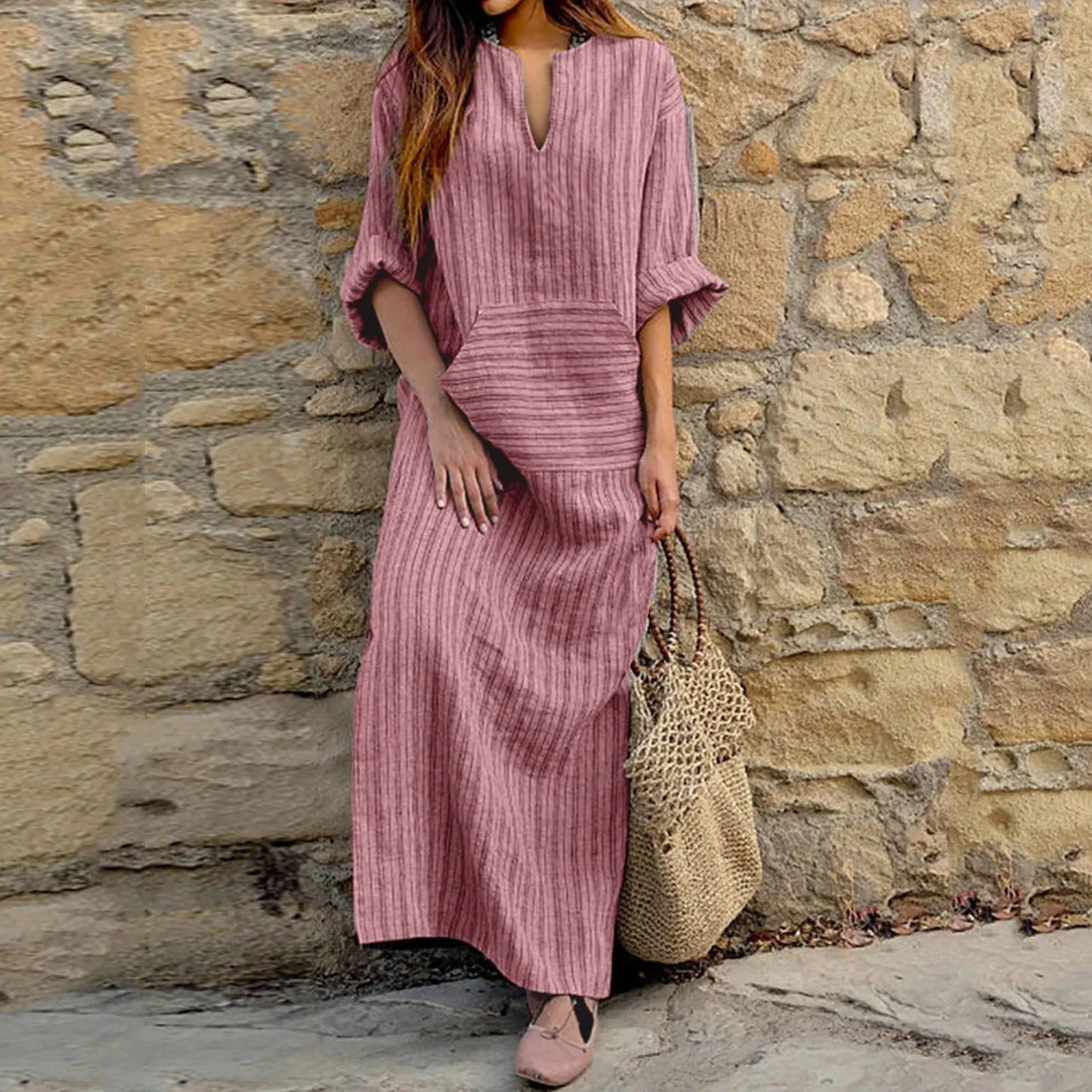 Alma - Abito lungo casual a righe con scollo a V