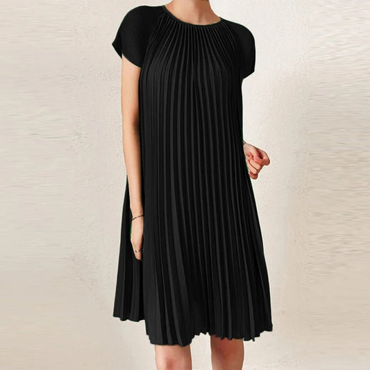 Braelyn - Elegante abito midi plissettato a maniche corte con scollo rotondo
