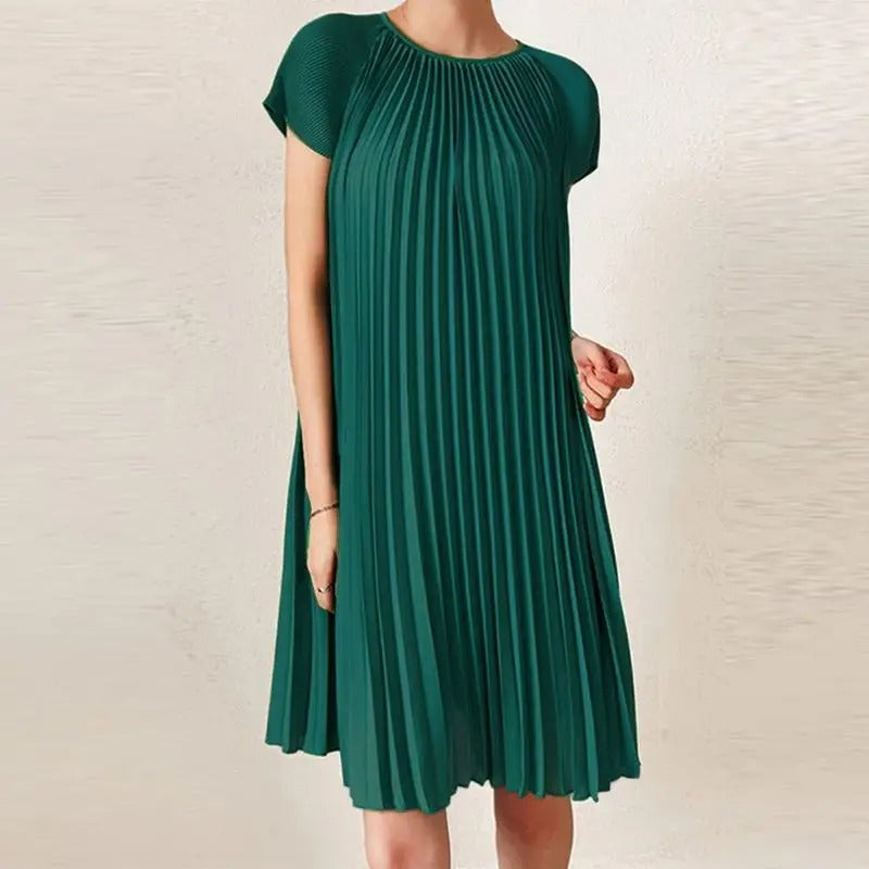 Braelyn - Elegante abito midi plissettato a maniche corte con scollo rotondo